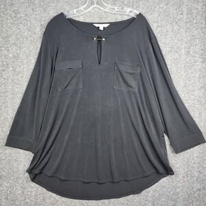 Company Ellen Tracy Tunic Top Women XXL Black Split Neck Gold Bar 3/4 Sleeve
